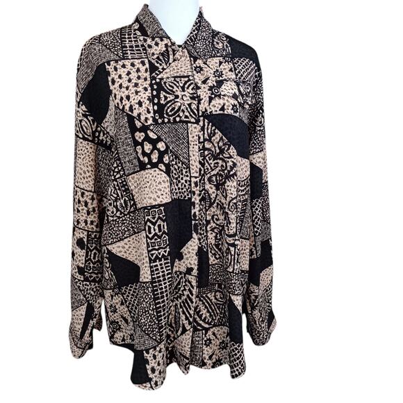 VINTAGE Blouse Top Long Tunic Hong Kong Geo Animal Print No Iron Oversized‎ LG - Picture 1 of 10